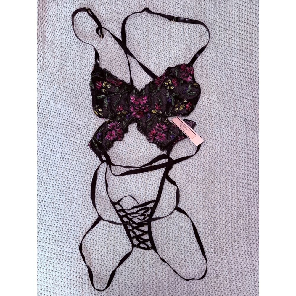 Victoria's Secret Wicked Embroidered Butterfly Teddy Black Floral Lingerie NWT